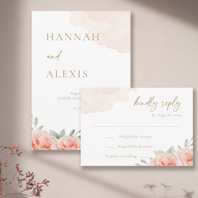 Invitación RSVP de matrimonio elegante de hojas verdes rosada (Subido por el creador)