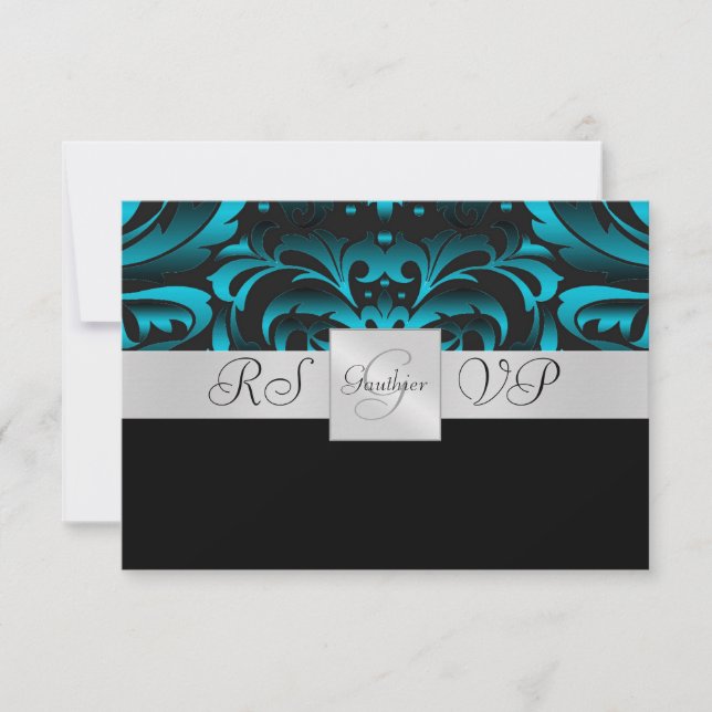 Invitación RSVP de media damasco de monograma Verd (Anverso)