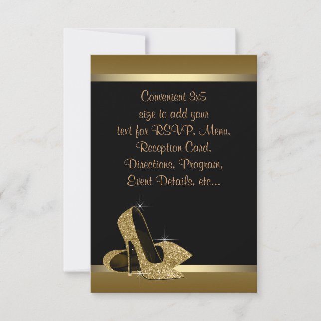 Invitación RSVP de tacones altos de oro negro (Anverso)