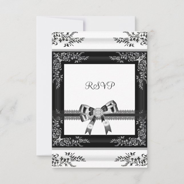 Invitación RSVP Diamante Floral de encaje blanco negro 3 (Anverso)