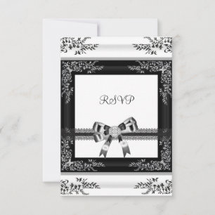 Invitación RSVP Diamante Floral de encaje blanco negro 3