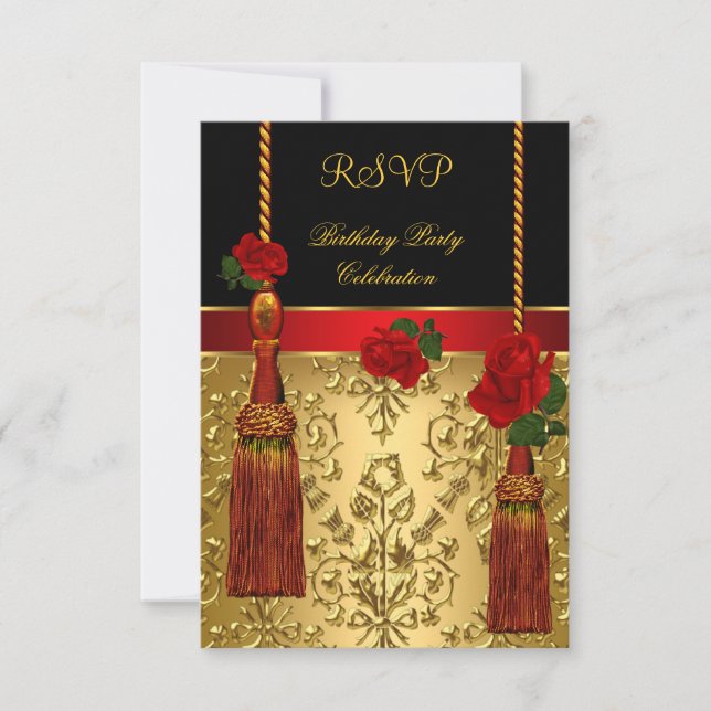 Invitación RSVP Elegant Damask Black Red Gold Party (Anverso)