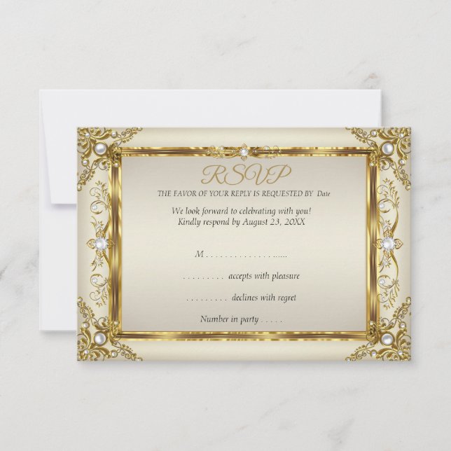 Invitación RSVP Elegant Gold Cream Pearl Damask cumpleaños (Anverso)