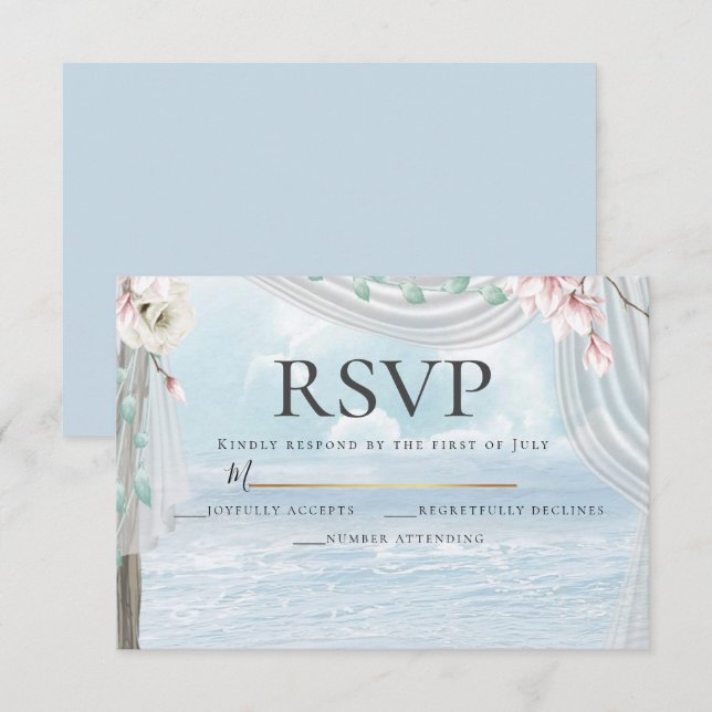 Invitación RSVP | Elegante Beach Driftwood Floral Arbor (Anverso / Reverso)