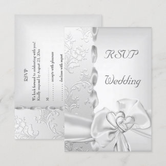 Invitación Rsvp Elegante Boda Floral Lazo Blanco Plateado Cor