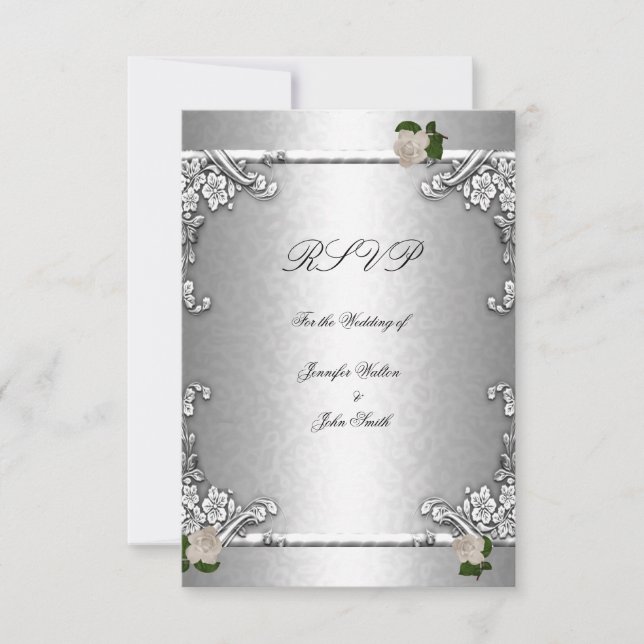 Invitación RSVP Elegante Boda Rosa Plata Blanco (Anverso)