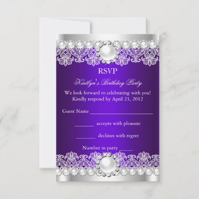 Invitación RSVP Elegante Lace Morado Real Cumpleaños con Perl (Anverso)
