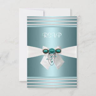 Invitación RSVP Elegante Raya Azul Turquesa Lazo Blanco Joya