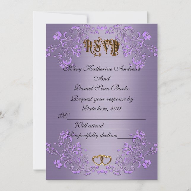 Invitación RSVP elegante satén violeta boda (Anverso)