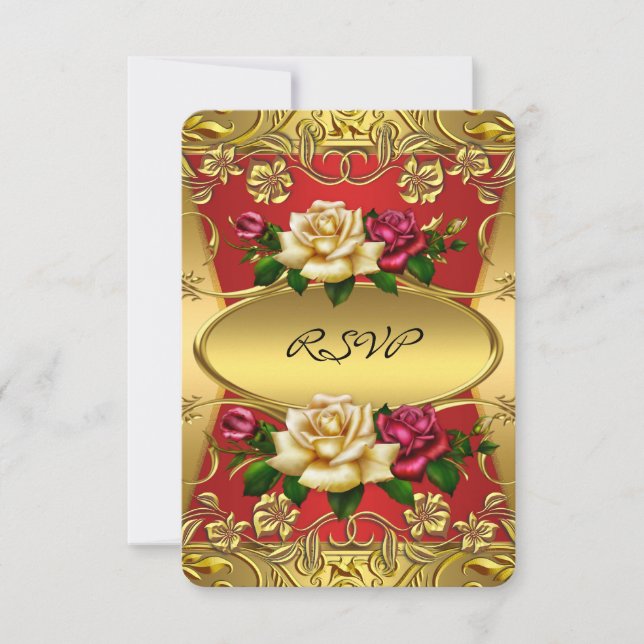Invitación RSVP Elite Red Cream Rosas Ornate Gold Birday (Anverso)