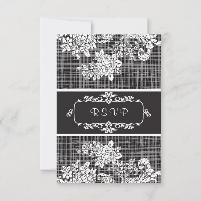 Invitación RSVP en blanco y negro de Damasco de ép (Anverso)