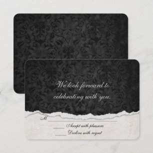 Invitación RSVP en damasco negro con borde de borde rasgado