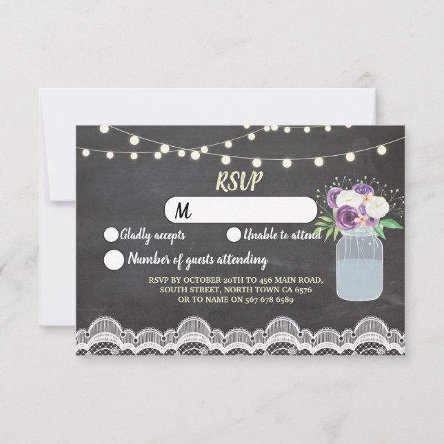 Invitación RSVP Encaje Tiza Boda Rústica Luces Florero (Anverso)