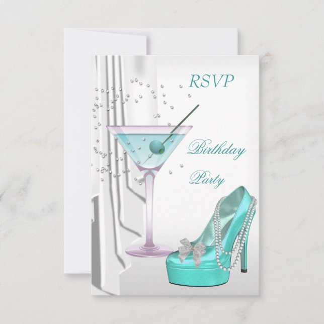 Invitación RSVP Fiesta de Cumpleaños Martini Blanco Turquesa  (Anverso)