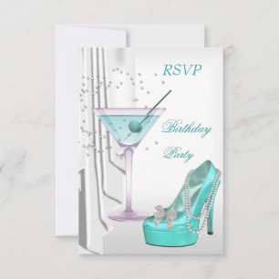 Invitación RSVP Fiesta de Cumpleaños Martini Blanco Turquesa 