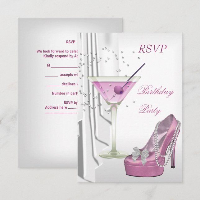 Invitación RSVP Fiesta de Cumpleaños Martini Rosa Blanco Zapa (Anverso / Reverso)