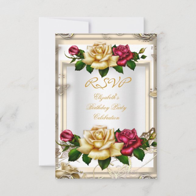 Invitación RSVP Fiesta de Cumpleaños Rosas Blanco Oro Rojo Cr (Anverso)