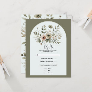 Invitación RSVP Floral Acuarela Verde Oliva Caqui