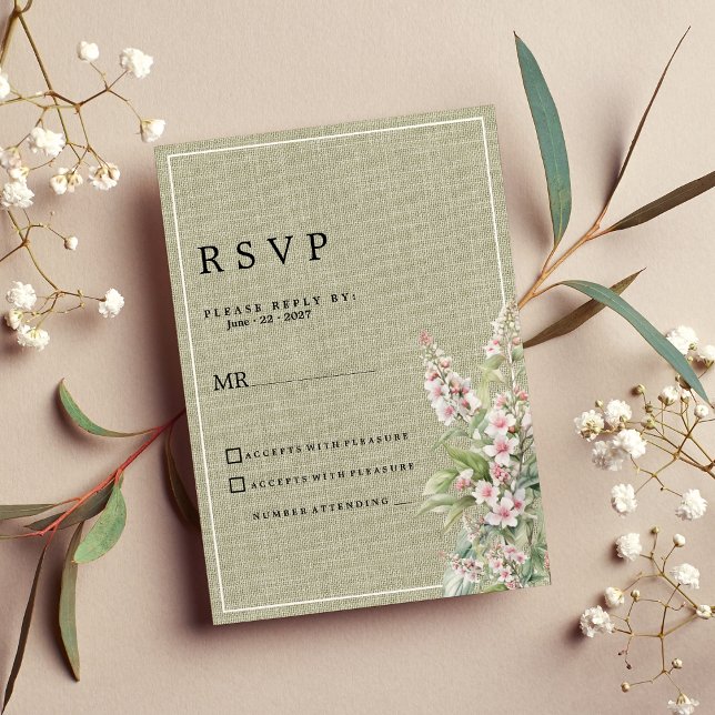 Invitación RSVP floral botánica verde de menta rosa rusa (Rustic pink mint green botanical floral RSVP)