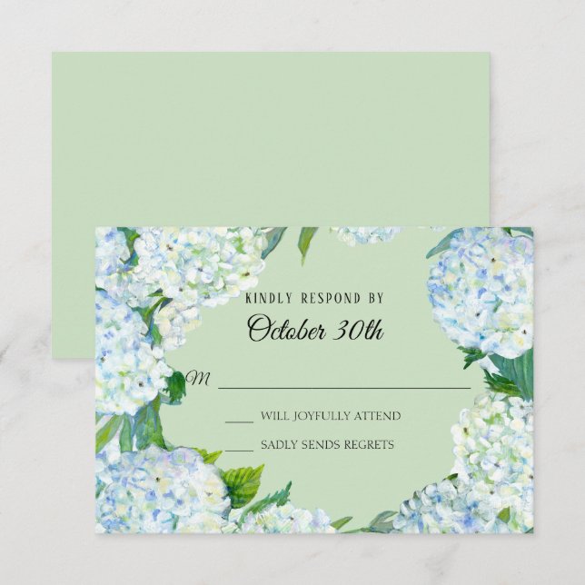 Invitación RSVP Floral de Boda Hydrangea Blanca Verde Menta (Anverso / Reverso)