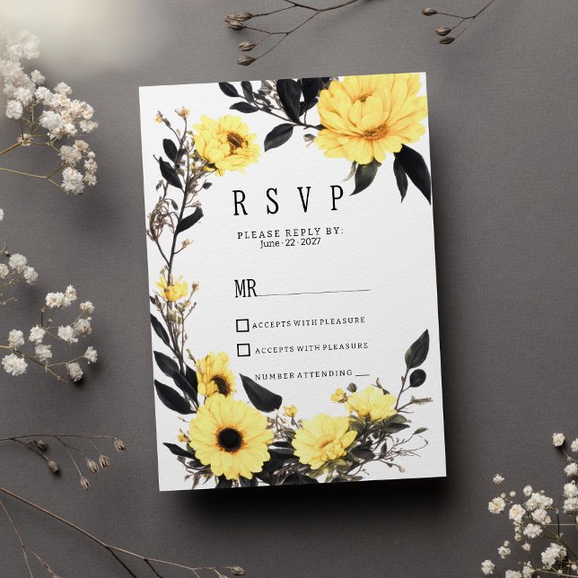 Invitación RSVP floral de margarita gris oscuro de verano (Summer yellow dark gray daisy floral RSVP )