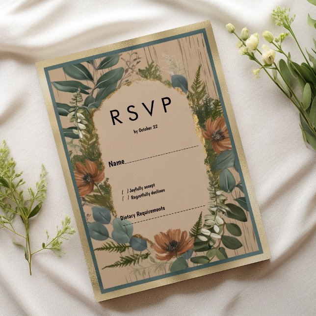 Invitación RSVP floral de menta dorada de naranja marrón ruso (Rustic brown orange gold mint floral RSVP)