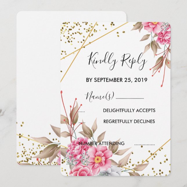 Invitación RSVP floral rosa de marco dorado geométrico (Anverso / Reverso)