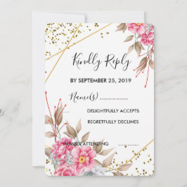 Invitación RSVP floral rosa de marco dorado geométrico