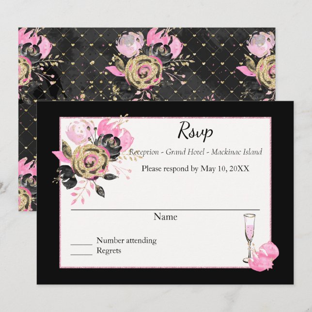 Invitación Rsvp floral rosa, negra y dorada. (Anverso / Reverso)