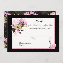 Invitación Rsvp floral rosa, negra y dorada.