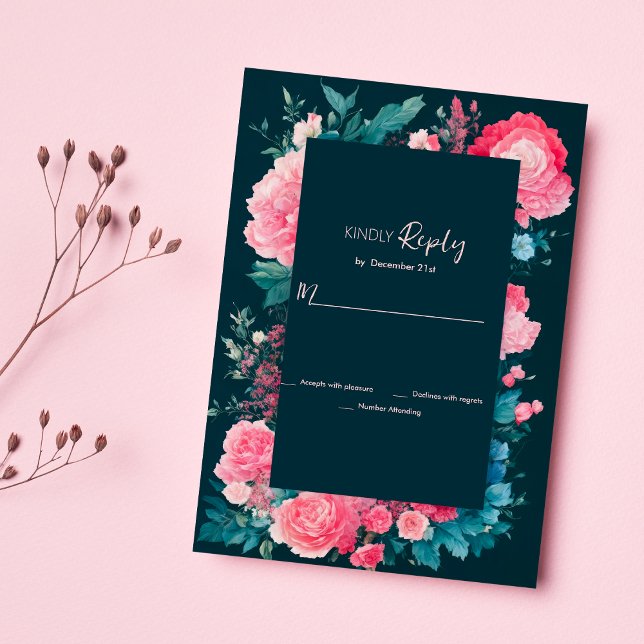 Invitación RSVP floral rosa rosa verde verde anaranjado (Botanic nordic blue green pink floral RSVP )