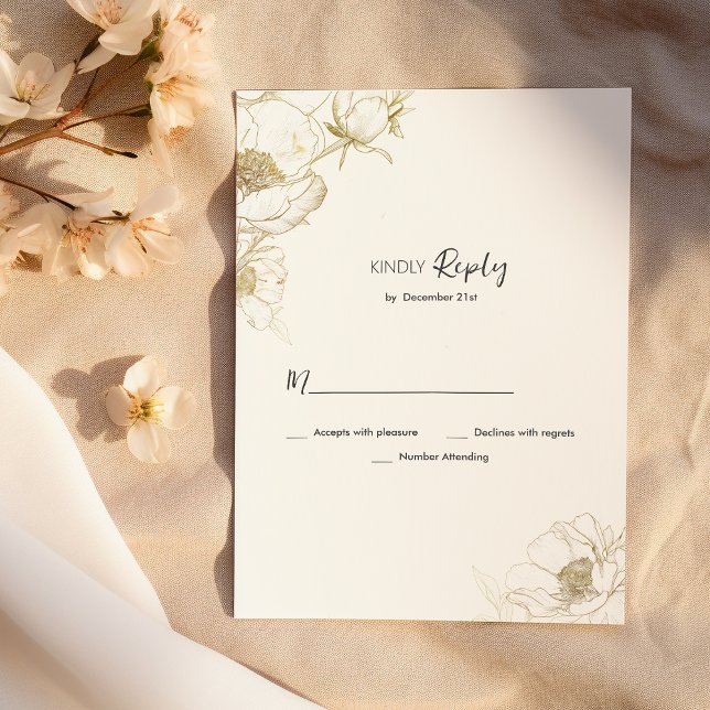 Invitación RSVP floral simple de oro blanco de lujo (Luxury simple white gold peony floral RSVP)