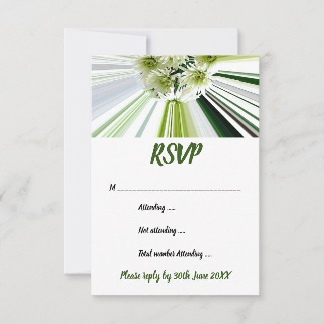 Invitación RSVP floral verde y blanco a rayas (Anverso)