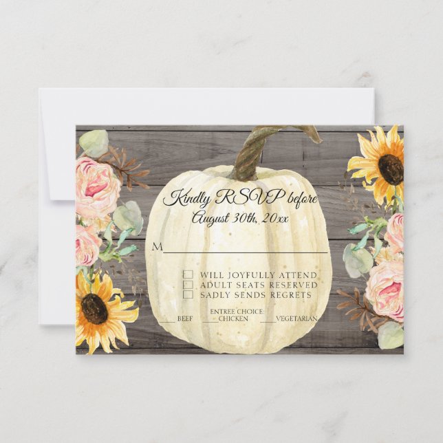 Invitación RSVP Giro Rústico en Madera de calabaza floral (Anverso)