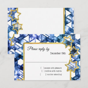 Invitación RSVP Gold Star Blue Damask