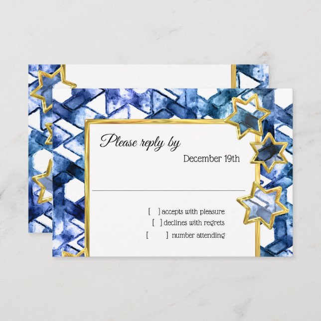 Invitación RSVP Gold Star Blue Damask (Anverso / Reverso)