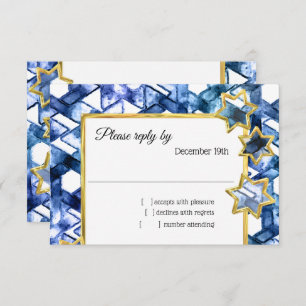 Invitación RSVP Gold Star Blue Damask