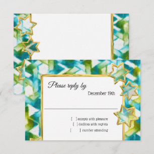 Invitación RSVP Gold Star Blue Green Damask