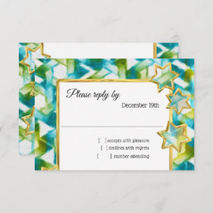 Invitación RSVP Gold Star Blue Green Damask