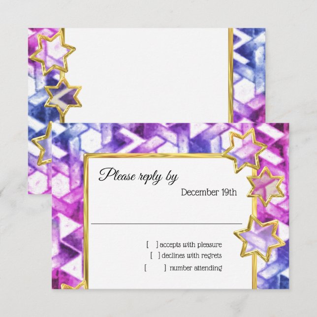 Invitación RSVP Gold Star Blue Purple Damask (Anverso / Reverso)