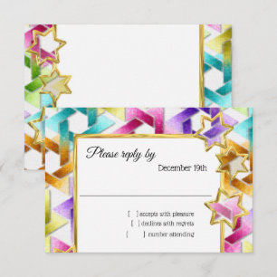 Invitación RSVP Gold Star Colorful Damask