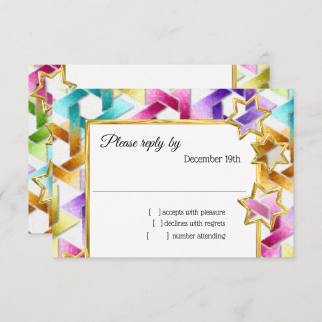 Invitación RSVP Gold Star Colorful Damask (Anverso / Reverso)