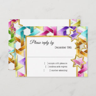 Invitación RSVP Gold Star Colorful Damask