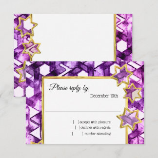 Invitación RSVP Gold Star Purple Damask