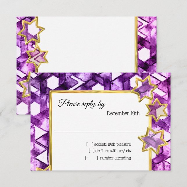 Invitación RSVP Gold Star Purple Damask (Anverso / Reverso)