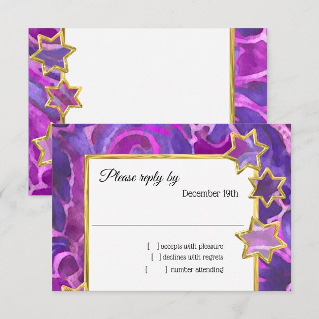 Invitación RSVP Gold Star Purple Pink Damask (Anverso / Reverso)