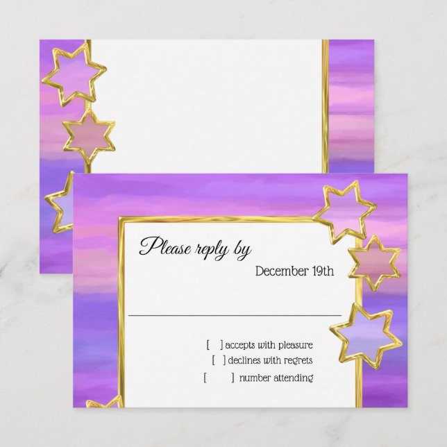 Invitación RSVP Gold Star Purple Pink Stripes (Anverso / Reverso)