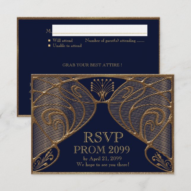 Invitación RSVP, Gran Gatsby, dorado sobre azul marino (Anverso / Reverso)