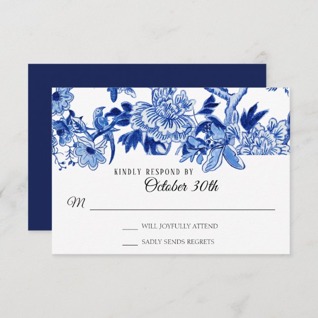 Invitación RSVP Influencia Asiática Azul Marino Floral Chinoi (Anverso / Reverso)