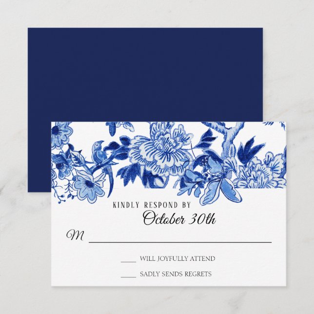 Invitación RSVP Influencia Asiática Marina Floral Azul Chinoi (Anverso / Reverso)